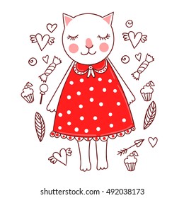 Cute illustration of a white kitten in a red dress with polka dots.