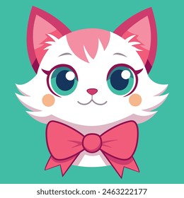 A cute illustration of a white and pink cat with big eyes and pink ears, creating a gentle and adorable impression for all kitten lovers.