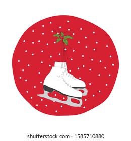 Cute Illustration Of White Retro Ice Skates On Red Background With White Dots, Vector Drawing Winter Theme Hanging Vintage Ice Skates And Snow, Card Design