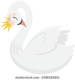Cute illustration of a white swan wearing a crown of pink and white flowers and golden leaves, ideal for baby shower, birthday party and wedding invitations or decorations