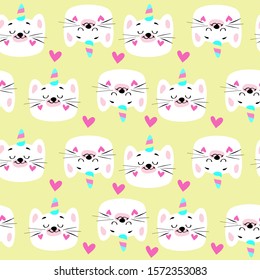 Cute illustration of a white unicorn cat head and pink hearts on a yellow background seamless pattern for children