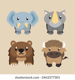 Cute illustration of wild animal of Elephants, Rhinos, Bears and Bison