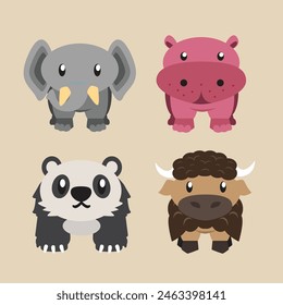 Cute illustration wild animals of Elephants, Hippo, Panda and Bison
