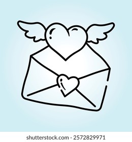 A cute illustration of a winged heart inside an envelope, perfect for Valentine's Day.