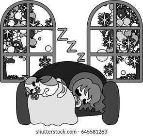 The cute illustration of winter and girls -Nap on the sofa-