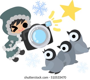 The cute illustration of winter and girls -Photography of the baby penguins-