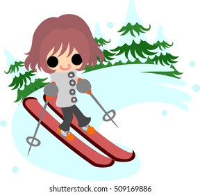 The cute illustration of winter and girls -Ski-