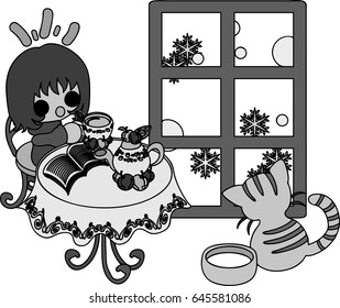 The cute illustration of winter and girls -Snowy outside the window-