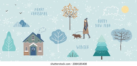 Cute illustration of winter trees, fir trees, bushes, leaves, woman, dog, birds, house, sun, snow and clouds. New year, christmas objects and nature elements to create a landscape. Vector illustration