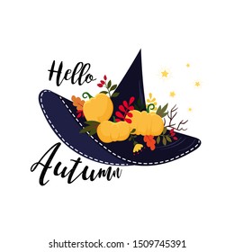 Cute illustration of a witch hat with pumpkins, autumn flowers, leaves and calligraphic text "hello autumn" near it