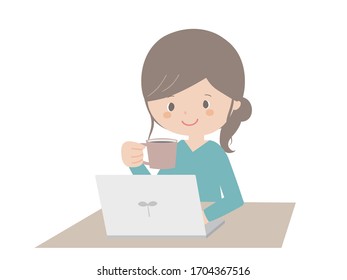 A cute illustration of a woman drinking coffee while looking at a computer.