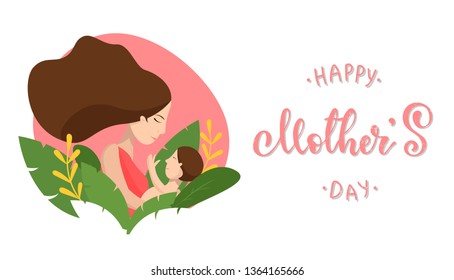 Cute illustration of a woman holding her baby. Mother's day card, poster, banner, print, sticker design. Decorated by abstract tropical leaves. Motherhood, pregnancy theme. EPS 10