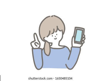 It is a cute illustration of a woman holding a smartphone.