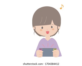 A cute illustration of a woman playing on a portable game console.