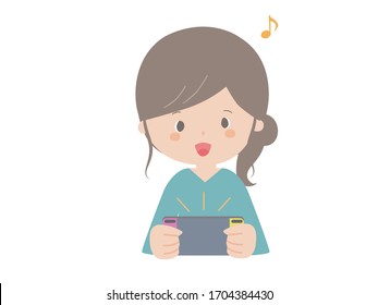 A cute illustration of a woman playing on a portable game console.