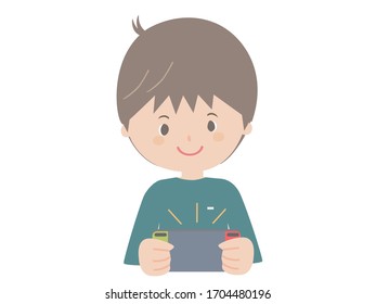 A cute illustration of a woman playing on a portable game console.
