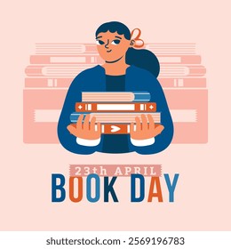 Cute illustration with woman, who holding stack of books. Vector clip art for banner to World Book Day. Flat Design. Cartoon minimal naive badge with female character in library.