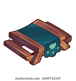Cute illustration of a wooden picnic table with a teal tablecloth. Ideal for use in picnic scenes, outdoor restaurant themes, or camping visuals.