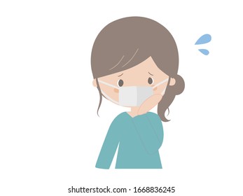 Cute illustration of a worried young woman wearing a mask.