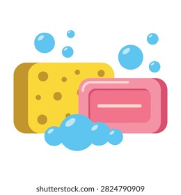 Cute illustration of a yellow sponge and pink soap bar surrounded by blue bubbles. Perfect for laundry, washing, hygiene, and cleaning product designs.