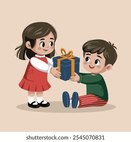 Cute illustration of a young girl giving a gift to a boy, both dressed in festive outfits, on a neutral beige background.  
