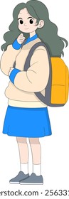 A cute illustration of a young girl wearing a beige sweater, blue skirt, and a matching scarf, carrying a bright yellow backpack