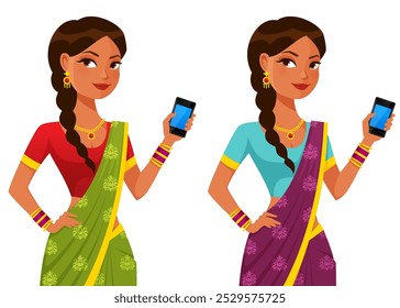 cute illustration of a young Indian woman wearing traditional sari and jewels, using a mobile phone. Cartoon character. Isolated on white.