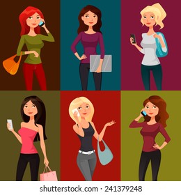 cute illustration of young people in casual street fashion, teenagers or students. Young woman in jeans, using a mobile phone or laptop. Cartoon character. Vector eps file.