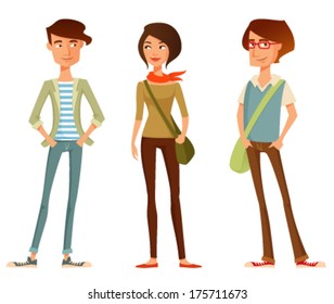 cute illustration of young people in stylish hipster clothes. Funny cartoon characters of a girl and two boys, students or friends. Cartoon character. Isolated on white.