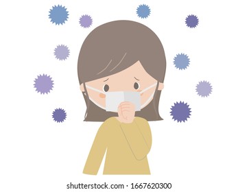 Cute illustration of a young woman coughing wearing a mask.
