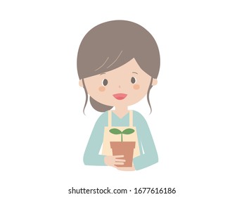 Cute illustration of a young woman holding a seedling.