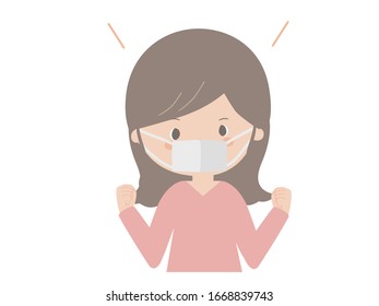 Cute illustration of a young woman wearing a mask and doing a guts pose.