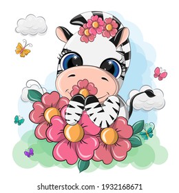 A cute illustration of a zebra around which there are many beautiful flowers. Vector zebra is made in cartoon style on a zen and blue background, the animal has big beautiful eyes