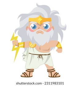 Cute illustration of Zeus god of sky, thunder and lightning on a white background. Cute cartoon Greek gods isolated on white background for packing paper, fabric, postcard, clothing, printable card