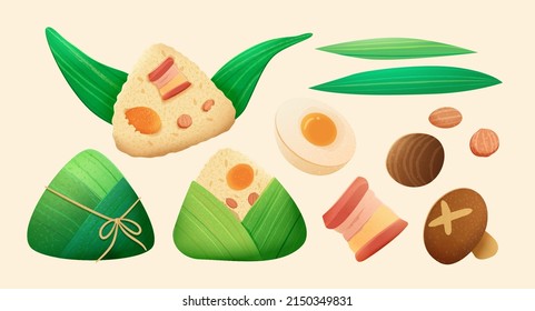 Cute illustration of zongzi and food ingredients. Rice dumplings elements for Dragon boat festival, isolated on beige background.