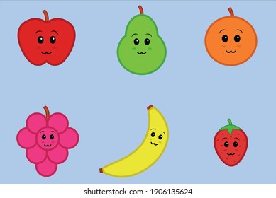 Cute Illustrationen von 6 Obstsorten: Apfel, Birne, Orange, Traube, Banane und Erdbeere auf hellblauem Hintergrund