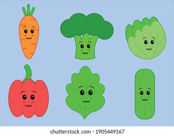 Cute Illustrationen von 6 Gemüsearten: Möhren, Brokkoli, Kohl, Paprika, Salat und Gurke auf hellblauem Hintergrund.
