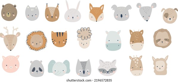 Cute illustrations of animal faces, lion, tiger, sloth, elephant, koala, llama, sheep, bear, cat, squirrel, fox, bunny, mouse