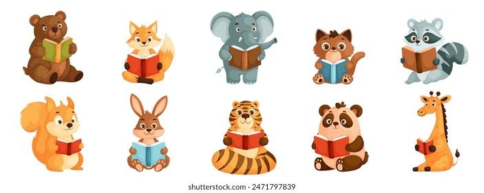 Lindas Ilustraciones de Oso, Zorro, Elefante, Mapache y Más Comprometidos en la Lectura. Perfecto para materiales educativos, libros para niños y campañas de alfabetización.