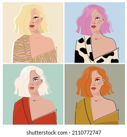 cute illustrations of a beautiful girl with different hairstyles, hair colors, different clothes