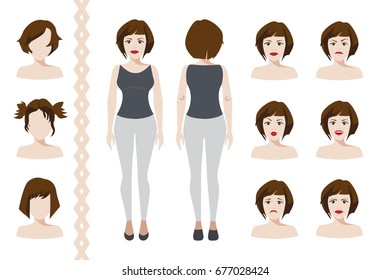 Cute illustrations of beautiful young girl with various hair style, emotions, poses.