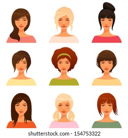 cute illustrations of beautiful young girls with various hair style and color, suitable as avatar