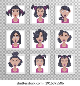 Cute illustrations of beautiful young girls with different hairstyle emotions made as stickers.