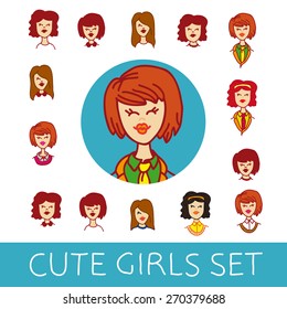 Cute illustrations of beautiful young girls with various hair style