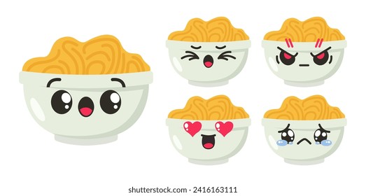 cute illustrations of bowls of noodles, each displaying a different facial expression to represent various emotions