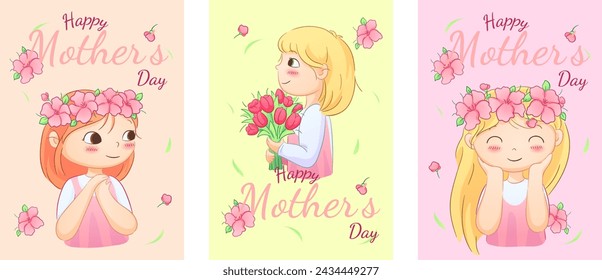 Cute illustrations of boys and girls of various nationalities, perfect for celebrating Mother's Day, International Women's Day, Children's Day, and floral themes.