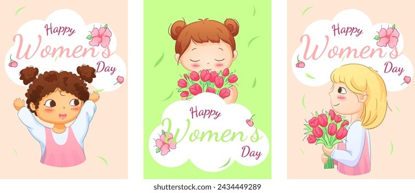 Cute illustrations of boys and girls of various nationalities, perfect for celebrating Mother's Day, International Women's Day, Children's Day, and floral themes.