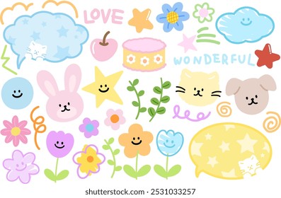 Cute illustrations of bunny, puppy, cat, flowers, text bubbles, cake, cherry, green leaves for cartoon, character, animals, pet shop, vet, happy easter, spring time, summer, floral print, sticker set