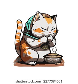 Ilustraciones escuetas de gatos comiendo durante el Ramadán
