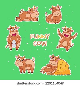 Ilustraciones bonitas con pegatinas para ganado. Conjunto de vacas vectoriales. Animales de dibujos animados para imprimir, libros, desarrollo infantil.